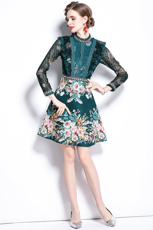 Gorgeous Runway Fashion Vibrant Floral Print, Mock Neck, Lace Trim, Long Sleeve A-Line Party, Cocktail, Wedding Guest Dress